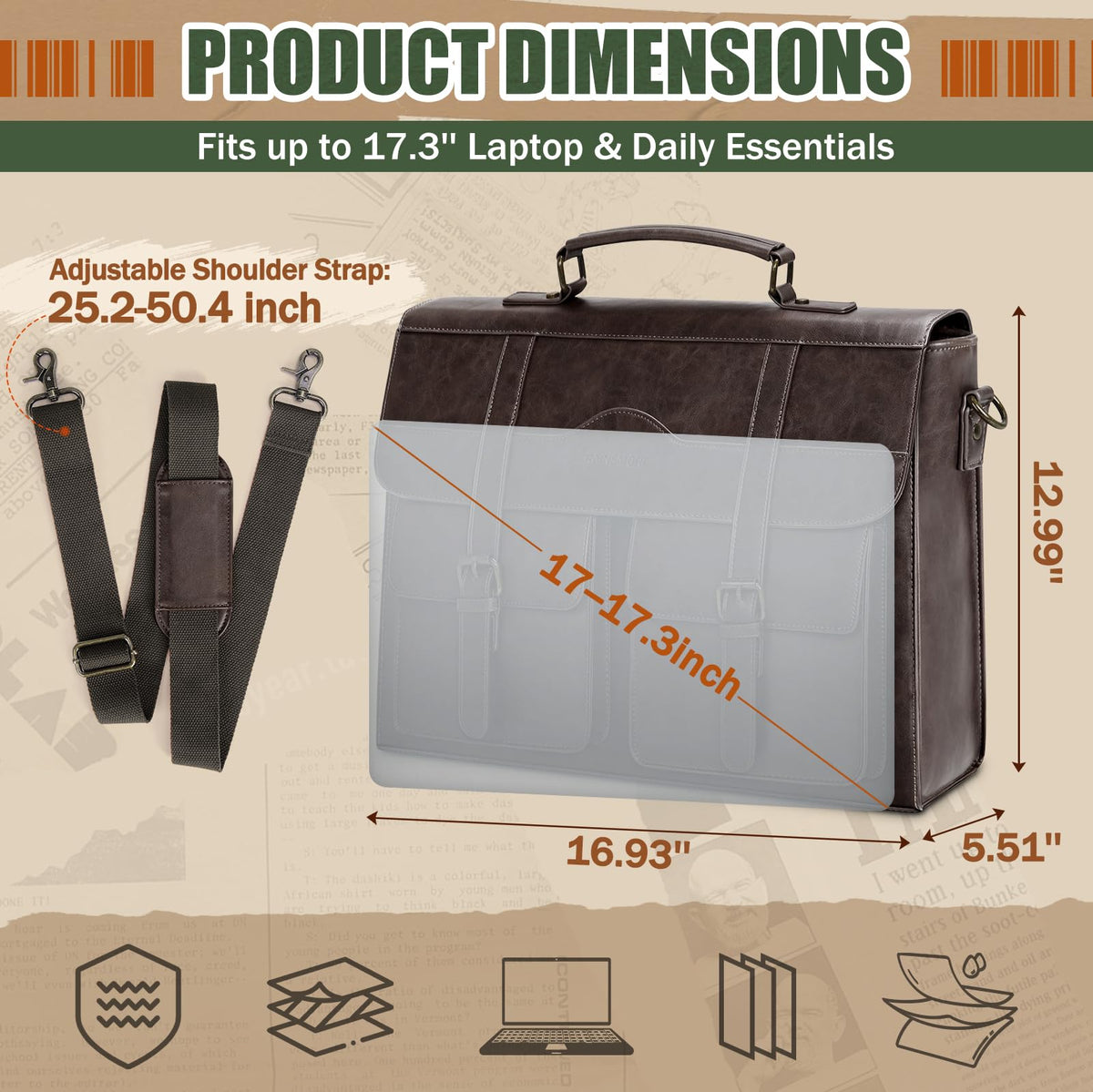 RAINSMORE Mens Messenger Bag 17 Inch Vintage Leather Laptop Briefcase Magnetic Closure Large Satchel Computer Shoulder Bag for Office Travel College, Coffee