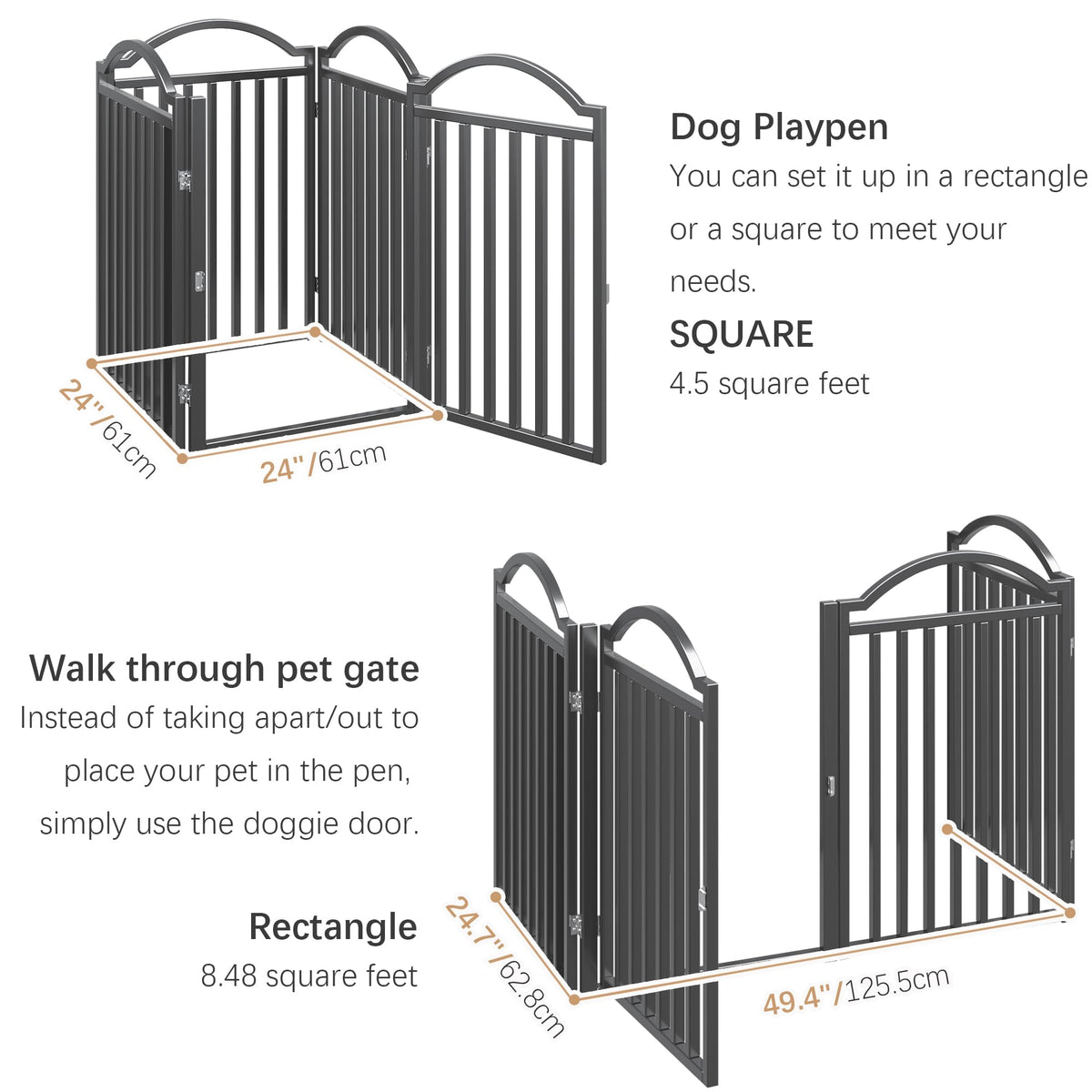 BHG Metal No-Assembly Freestanding Dog Gate with Door Walk Through, Extra Wide 96", Extra Tall 32" Pet Gate, Accordion Puppy Folding Playpen Dog Fence for Indoor & Outdoor, with 2PCS Support - Black