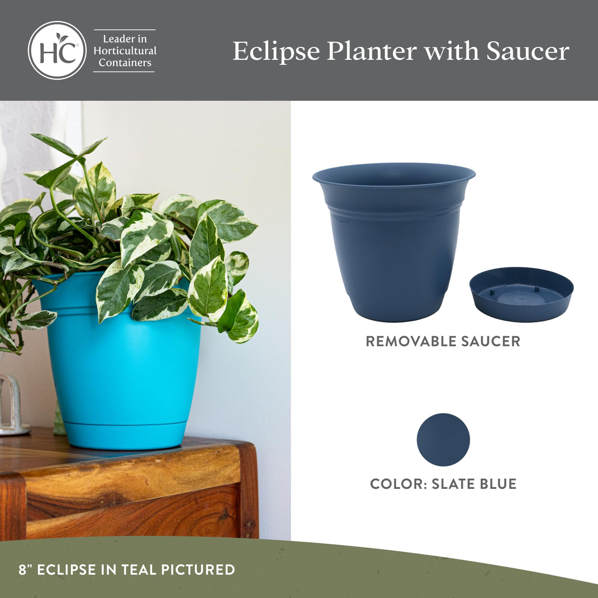 The HC Companies Eclipse Round Planter with Saucer - Outdoor & Indoor Plant Pot with Drainage Holes - Lightweight, UV-Resistant Plastic Pots for Plants, Flowers & Herbs (6" Slate Blue, Pack of 1)