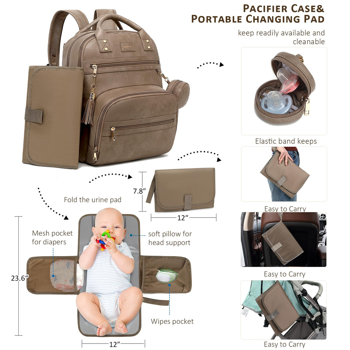 ROSEGIN Premium Vegan Leather Diaper Bag Backpack with Waterproof Changing Pad, Reinforced Zippers & Odor-Free, 20 Pockets Pro Organizer, Fits 15.6" Laptop, Stroller Straps, Baby Bag for Mom, Taupe