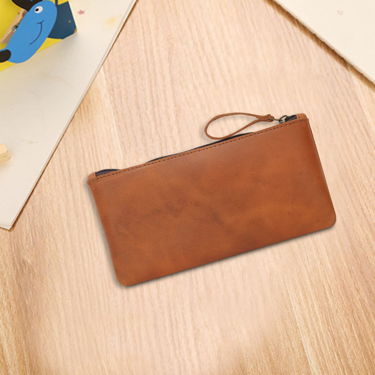 TheAntiq Leather Pencil Pouch, Currency Pouch, Leather Pencil Case, Zippered Pouch Paper Money, Pen Case, Pen and Marker Case, Pencil Case For Artists & Professionals (Tan)
