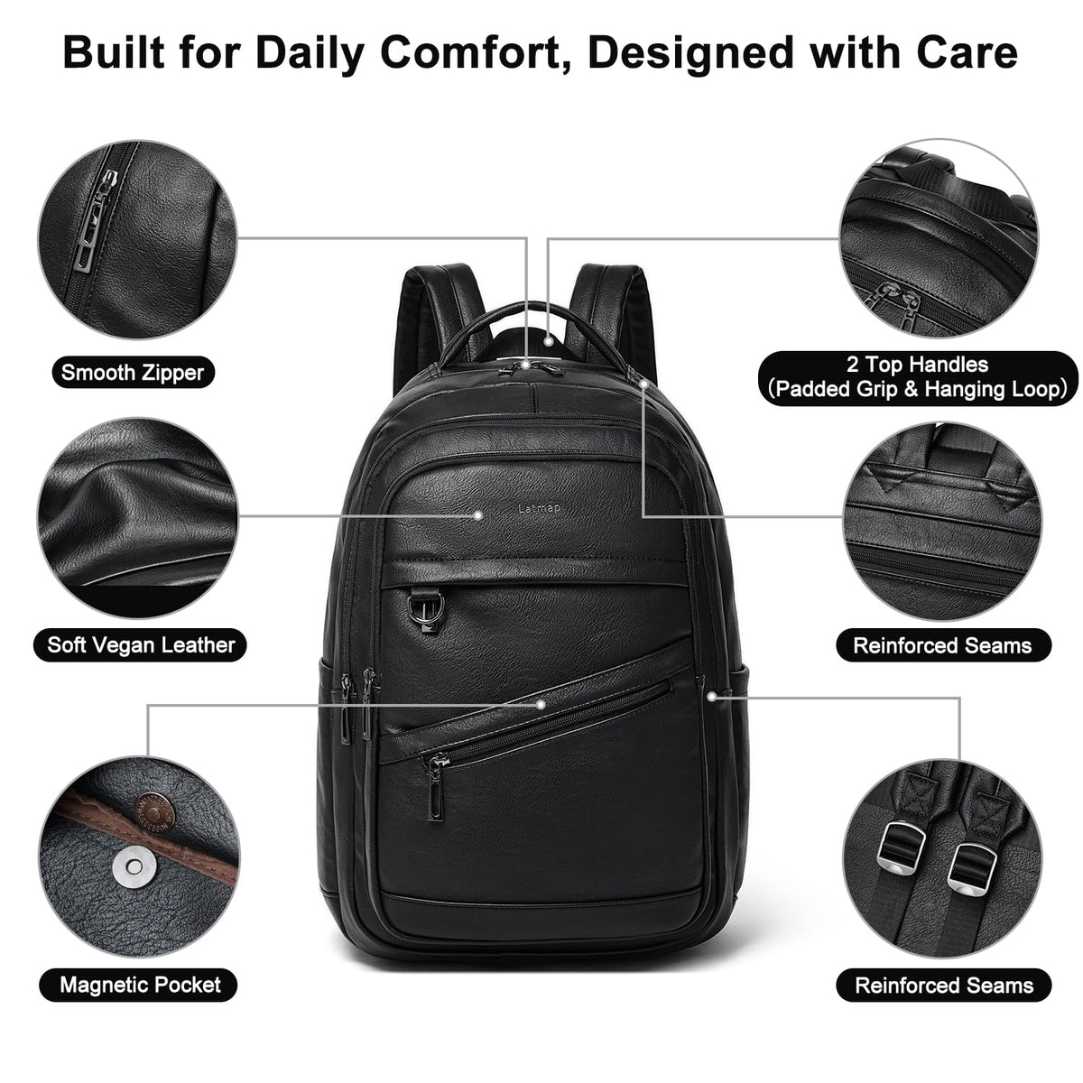 LATMAP 43L Backpack for Women Men - Vegan Leather Backpack Purse Travel Carry-on Bag College Bookbag Work fits 17" Laptop, Black
