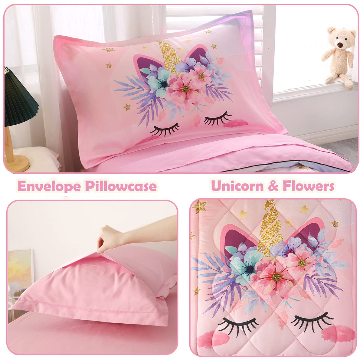 KINBEDY Toddler Bedding Set 4 Piece Pink Unicorn Crib Bedding Set for Girls Soft Cute Floral Toddler Bed Sheets Comforter Set Baby Bedroom Set, Include Comforter, Flat Sheet, Fitted Sheet, Pillowcase