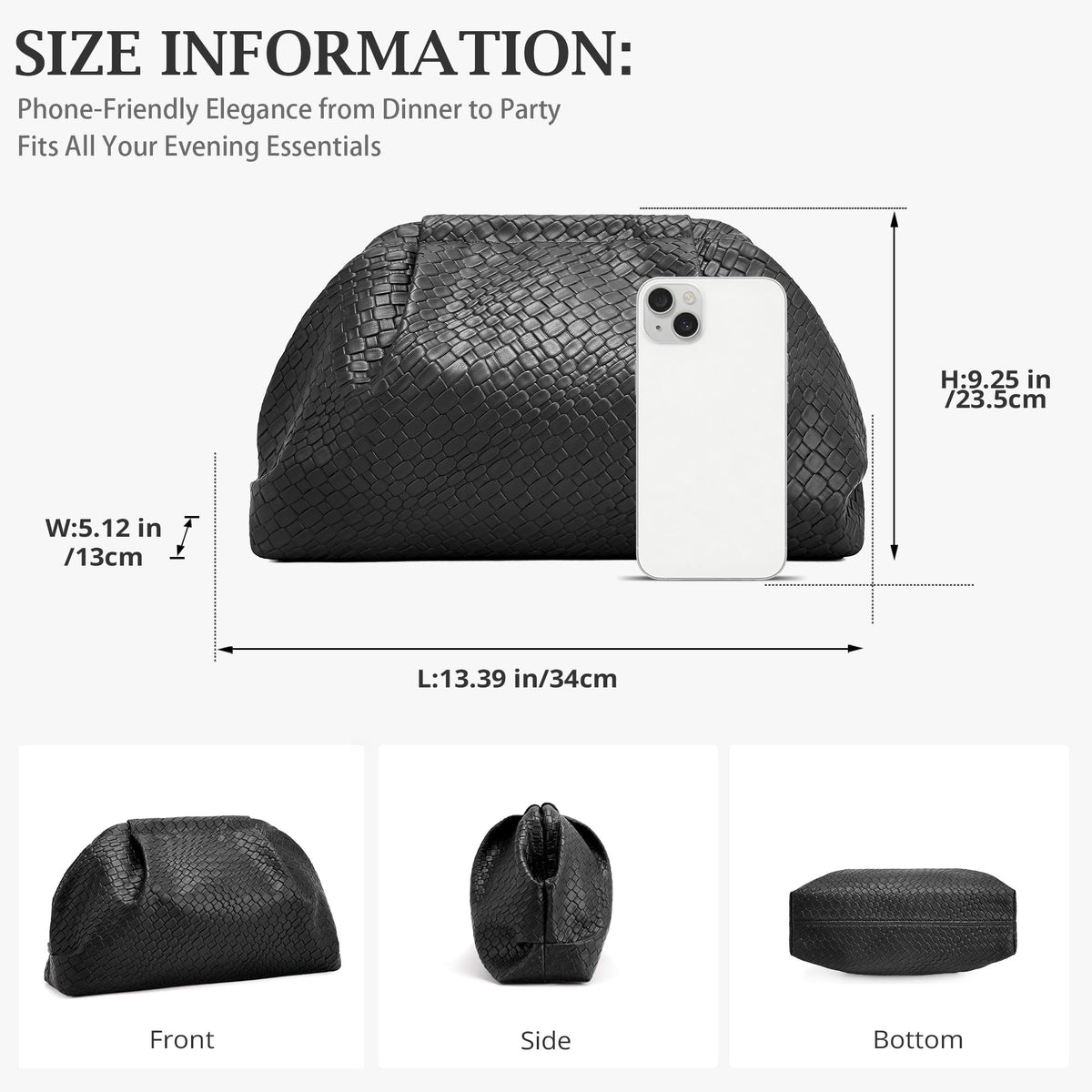 Sumrains Woven Evening Bag for Women: Elegant Dumpling Clutch Purse - Vegan Leather Handbag for Party Wedding, No Strap (Black)