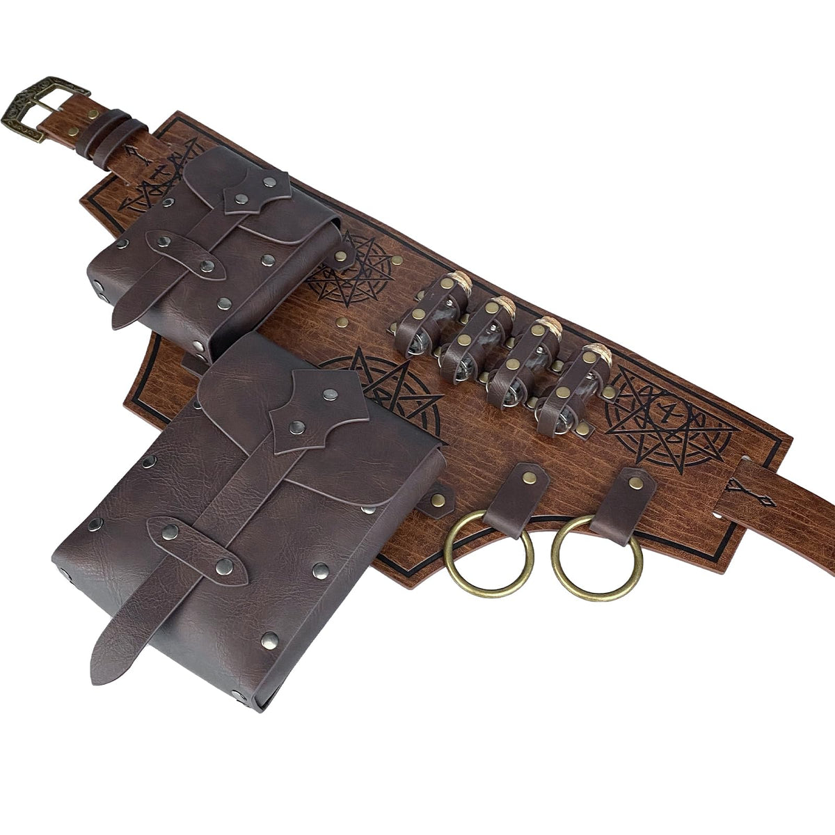 HiiFeuer 4 PCs Medieval Alchemy Belt Costume, Fantasy Faux Leather Wizard Potion Holder Belt with 4 Cork Vials and Belt Bag (Brown A)