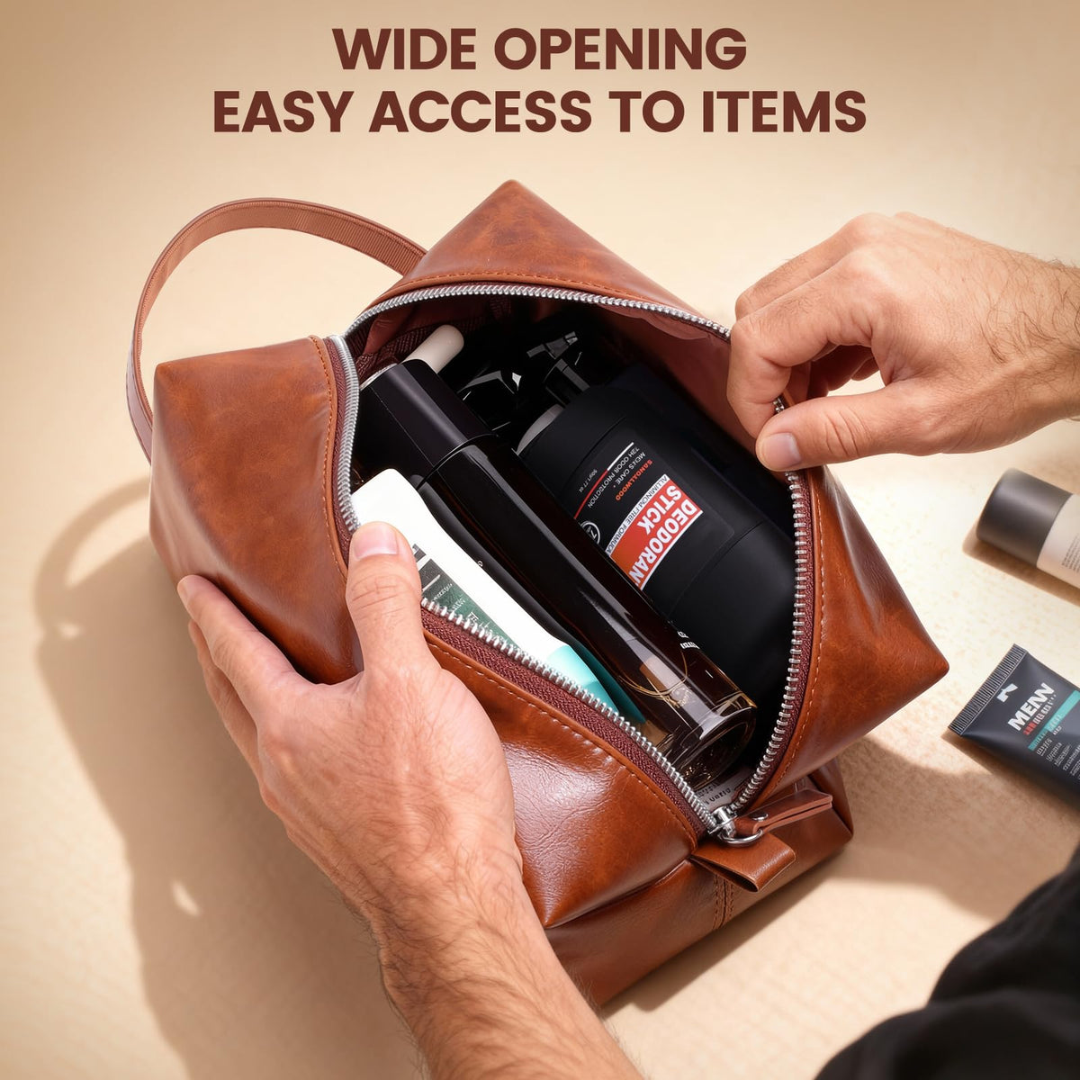 BagUrshion Toiletry Bag for Men,Mens Travel Toiletry Organizer,Personalized Men's Travel Essentials,Water Resistant PU Leather Shaving Bag for Dad Husband Boyfriend, Birthday Gifts for Him,Brown - J