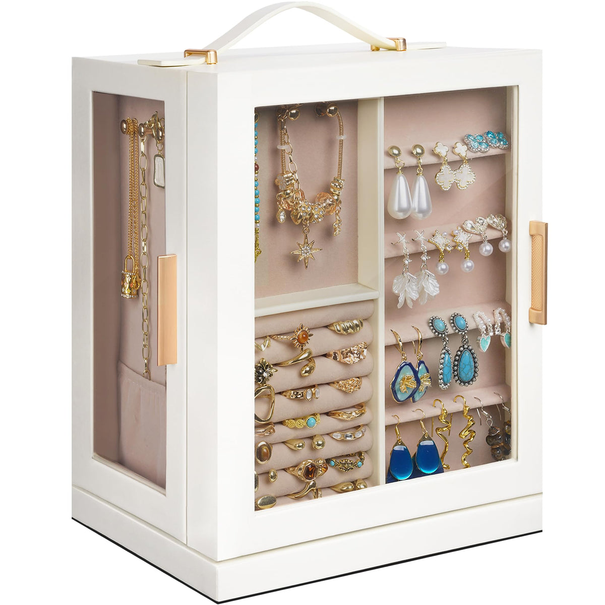 DUMIROICS 360° Rotating 5‑Drawers Jewelry Box with Top Handle & Glass Window, Spacious Vertical Jewelry Organizer, Jewelry Storage Case, Dustproof & Moisture‑resistant Design. (White)
