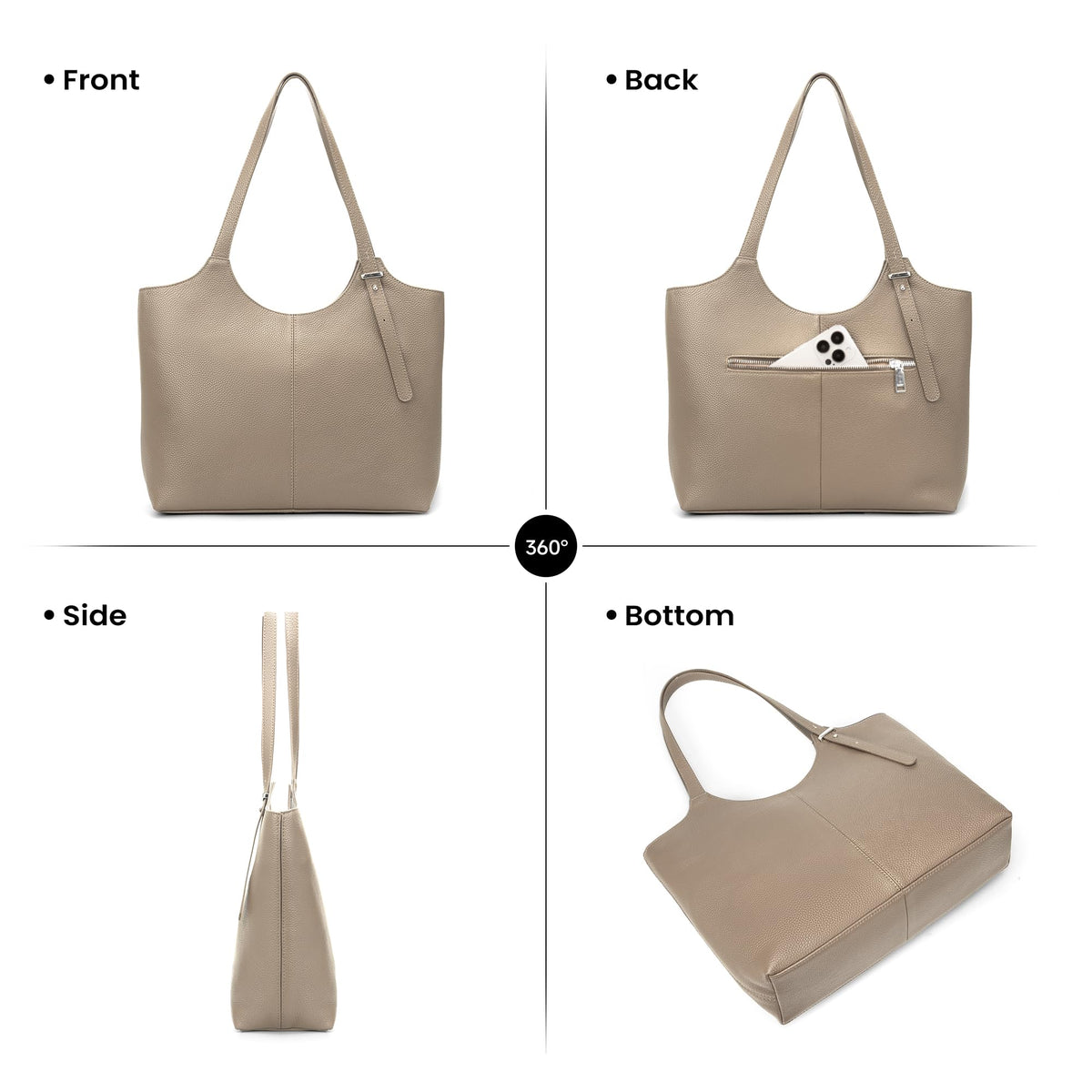befen Genuine Leather Tote Bags for Women Work, Real Brown Leather Shoulder Handbags Zippered Satchel Purses with Adjustable Strap for Casual Shopping Travel Taupe