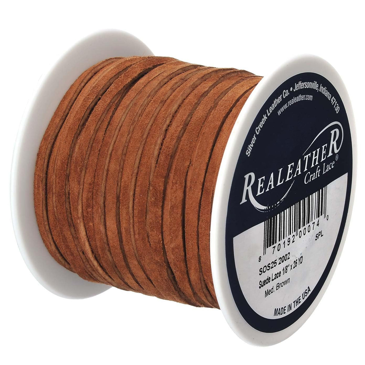 Silver Creek Leather Co Realeather SOS25-2002 Suede Leather Lace for Crafts and Jewelry Making, 0.125" x 25', Medium Brown, 1-Spool