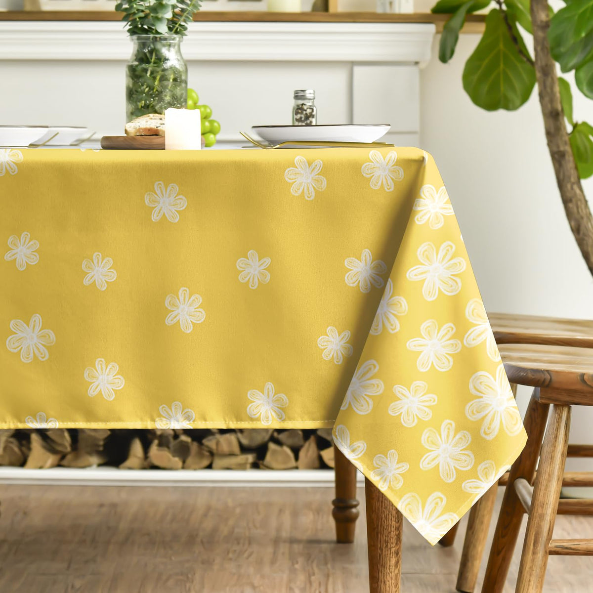 Horaldaily Spring Tablecloth 60×84 Inch Rectangular, Sketchy Style Flowers Yellow Washable Seasonal Table Cover for Party Picnic Dinner Decor