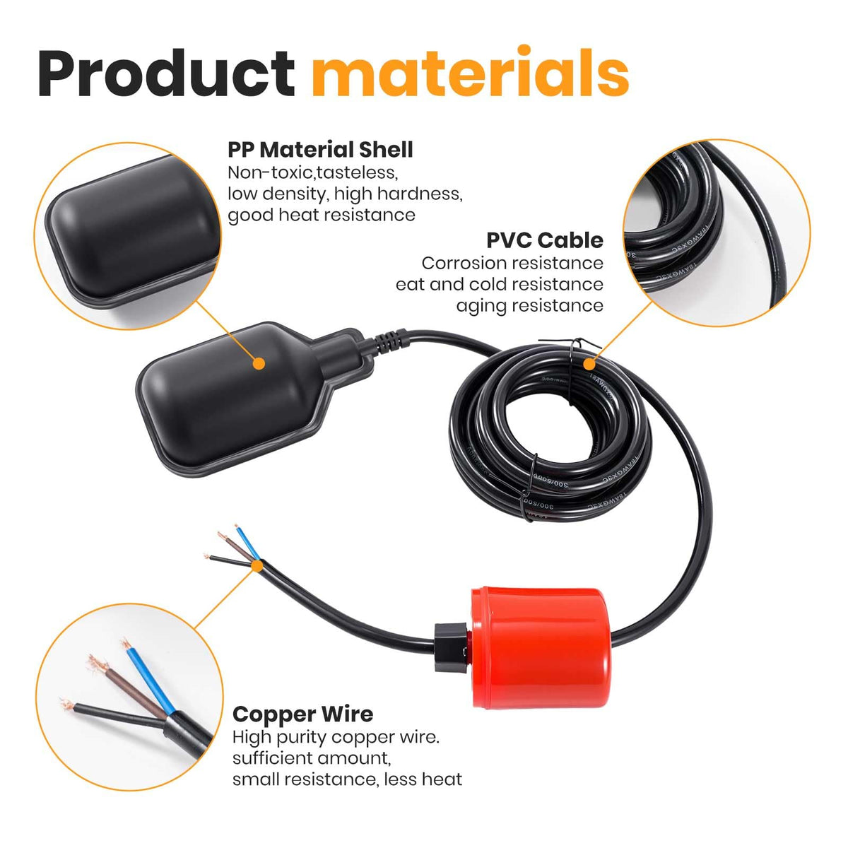 Float Switch (Plugless) IP68-Rated Automatic Water Level Controller,Automatic Level Sensor for Tanks,Septic Tanks, and Sewage Systems, with Counterweight ,Non-Corrosive PP Casing (9.8-Ft)