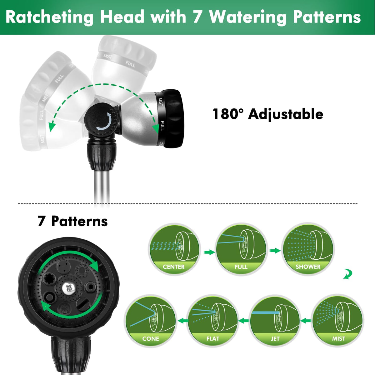 RESTMO 36”-60” Metal Watering Wand, Long Telescopic Tube | 180° Adjustable Ratcheting Head | 7 Spray Patterns | Flow Control, Perfect Garden Hose Sprayer to Water Hanging Baskets, Shrubs, Black