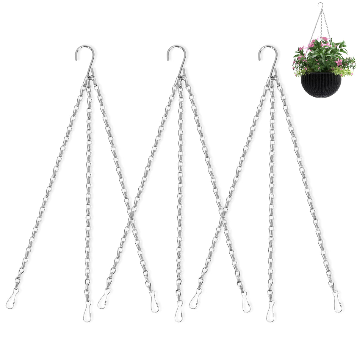 Hanging Basket Chain, 3 Pack 16 Inch Chain for Hanging Plants, Silver Plant Chains for Hanging Baskets, 3 Leads Hanging Chain with Hooks for Flower Pots Basket Bird Feeders Sign Wind Chime Billboards