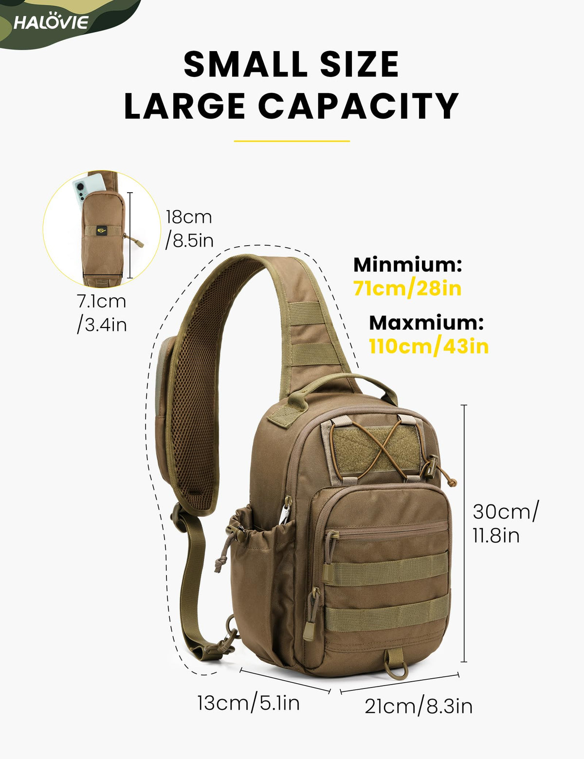 HALOVIE Anti-theft Tactical Sling Bag RFID Khaki Military Shoulder Bag with Phone Pack EDC Molle Crossbody Bag for men