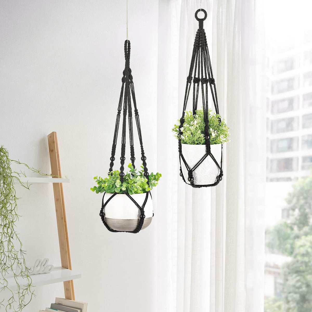 Mkono 3 Pack Macrame Plant Hangers Indoor Different Size Hanging Planter Basket Flower Pot Holder with Beads No Tassels 35"/29"/23", Medium, Black