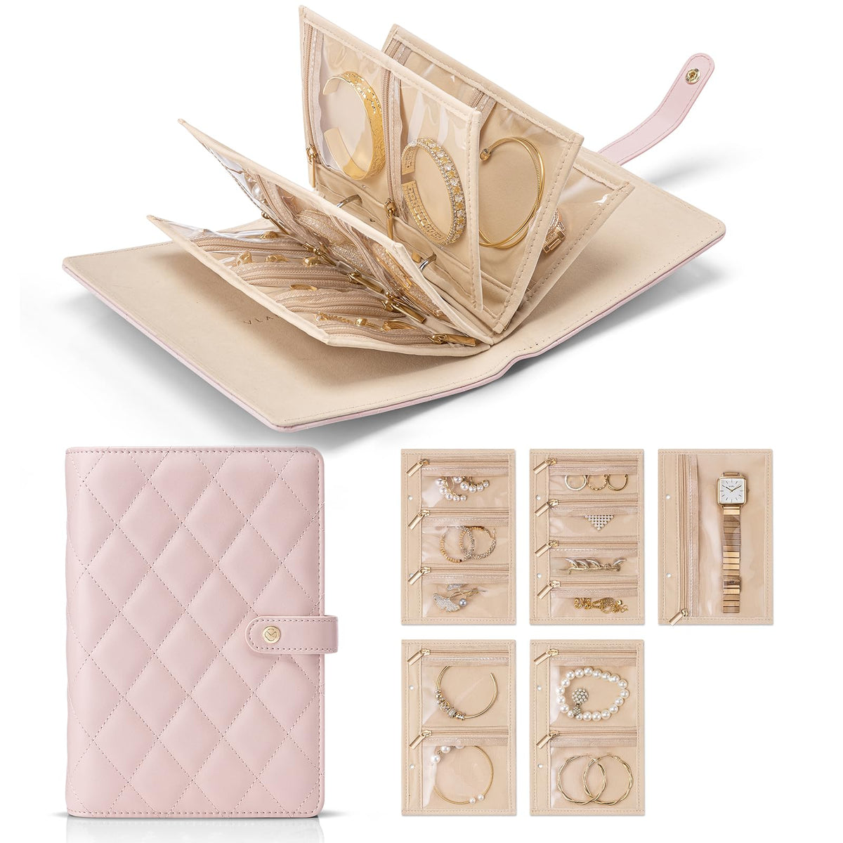 VLANDO Travel Jewelry Case,Jewelry Organizer Box with Clear Zipper Velvet Jewelry Pouch Bag, PU Leather Jewelry Case,Gift for Women-Pink