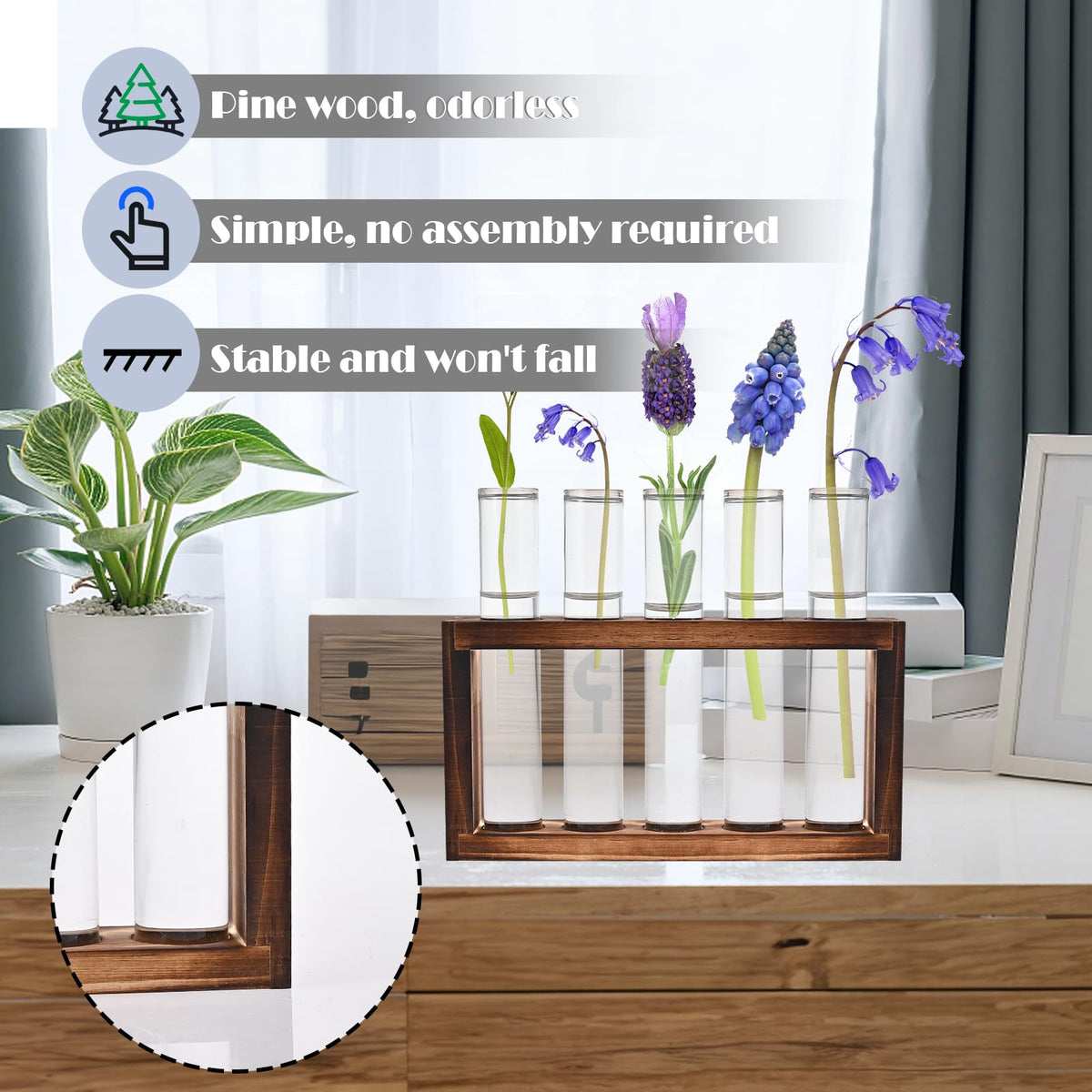 Tigvio Desktop Glass Plant Propagation Station with 5 Test Tubes in Wooden Stand - Hydroponic Plants Cutting Office Home Decoration and Garden Decor Terrarium (5 Tubes)