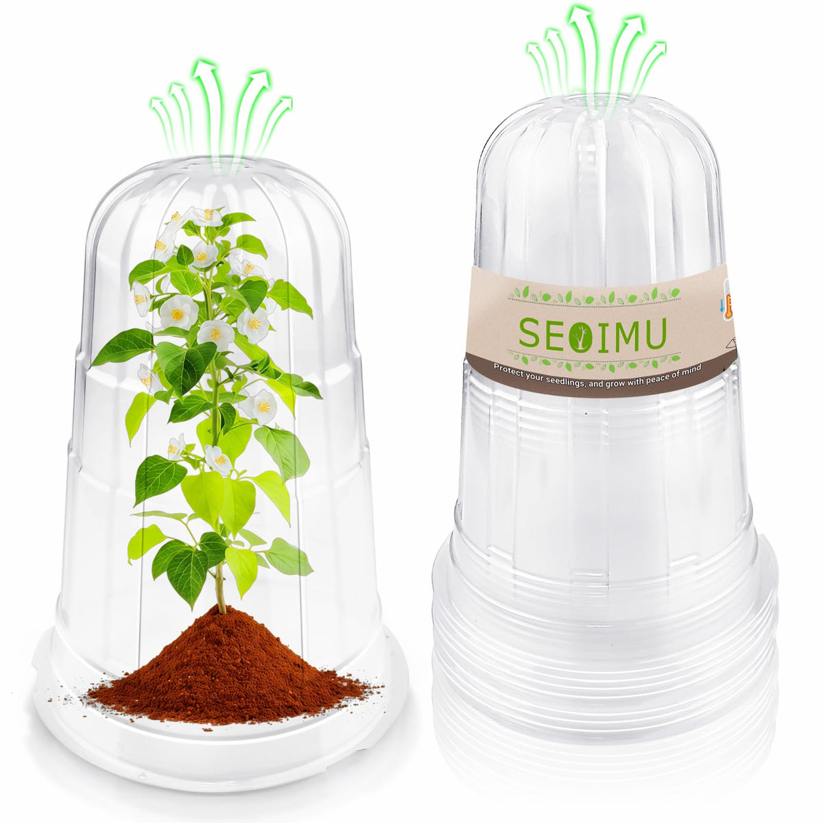 SEOIMU 10 Pcs Upgraded Transparent Garden Cloches for Plants, Reusable Plant Covers, Plant Protectors from Animals for Garden Plants, Plant Covers Freeze Protection, Compatible with Slug Collar