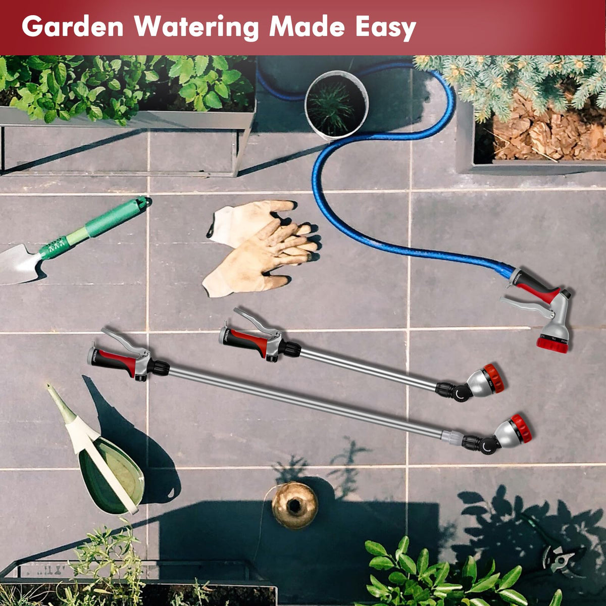RESTMO 36”-60” Metal Watering Wand, Long Telescopic Tube | 180° Adjustable Ratcheting Head | 7 Spray Patterns | Flow Control, Perfect Garden Hose Sprayer to Water Hanging Baskets, Shrubs, Red
