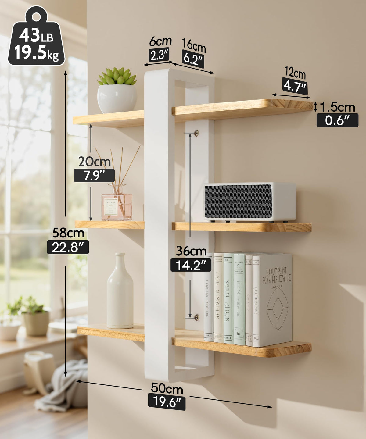 SUMGAR Floating Shelves White for Wall Mounted Shelving Unit All Pine Wood 3 Tier Large Shelf for Bedroom Living Room Office Bathroom Home Decoration Storage Plant Photo Display Modern 20in