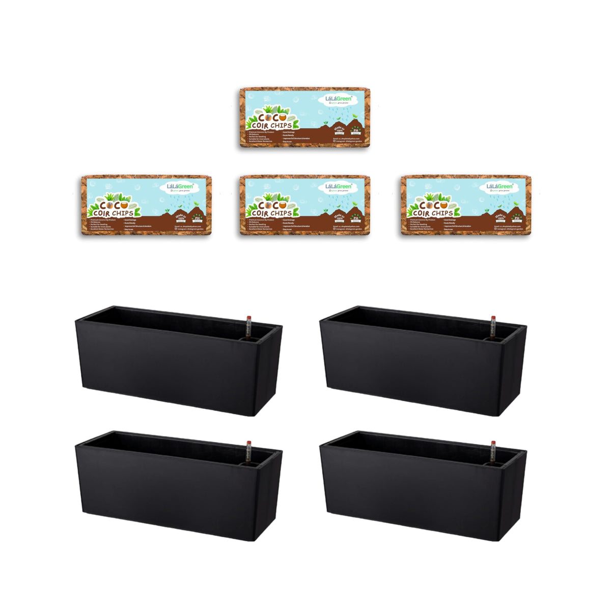 LaLaGreen Bundle- 4 Pack, 500g Coconut Coir Chips + 4 Pack,20 Inch Self Watering Plastic Planter with Bracket Hanging Window Box Flower Pot Outdoor Planting Soil Organic Compressed Seedling Fiber Husk