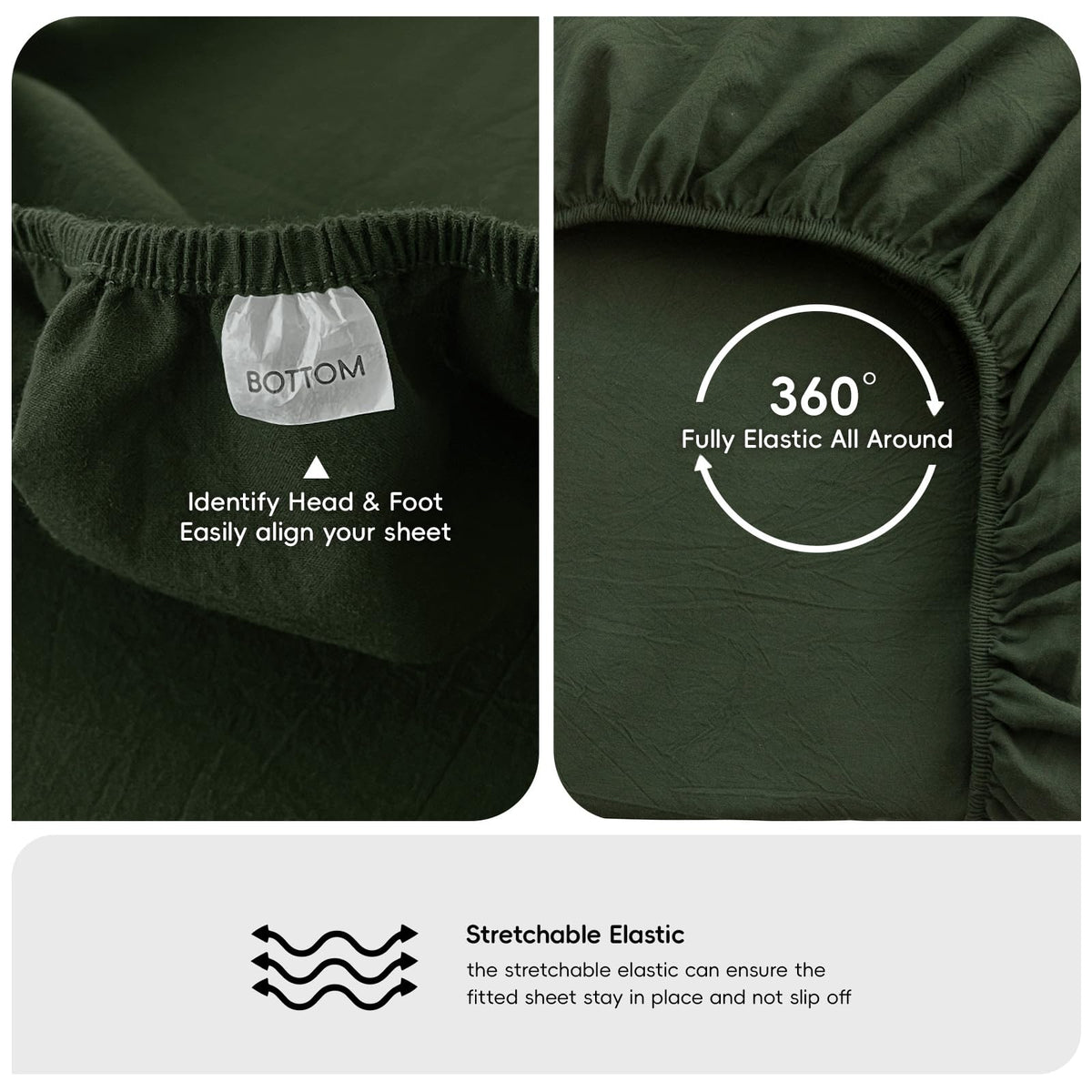 MooMee Fitted Bottom Sheet Only 100% Washed Cotton Linen Like Textured Breathable Durable Soft Comfy Deep Pocket Fits Mattress up to 17" (Forest Green, Queen)
