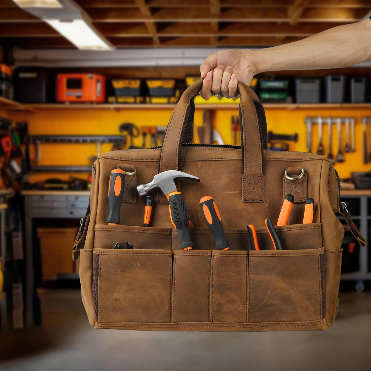 Leather Tool Bag Wide Mouth Tool Storage Bag for Hand Tools 16 inch Tool Tote Bag, Gardening, Outdoorsmen, Heavy Duty Organizer Electrician Tool Bag
