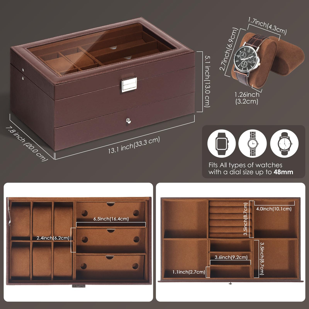 GLJ Jewelry Box for Men, 6 Slot Watch Box Jewelry Organizer With Drawer, Watch Case for Men with Large Window, 2-Layer Watch Holder, Sunglasses Storage Organizer, Velvet Lining, Fathers Day Gift