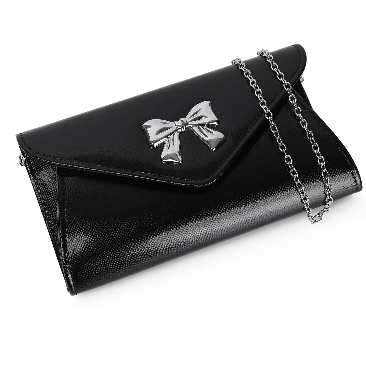 Gurina Evening Clutch Purse for Women with Bow Detail, Elegant PU Leather Shiny Party Bag with Detachable Chain Wedding Prom Handbag (Black L70)