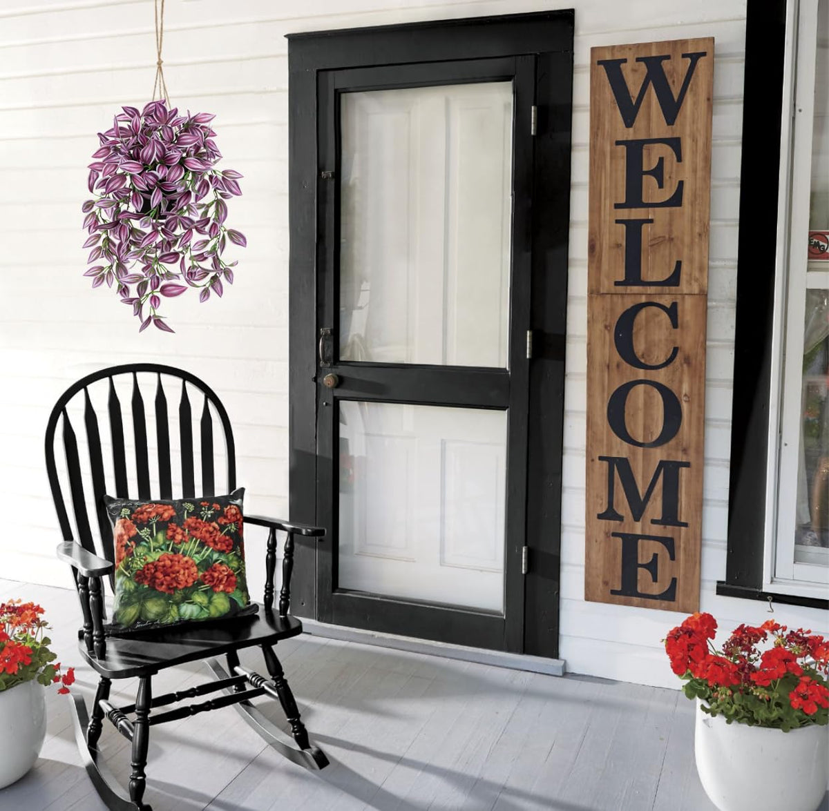 Briful Fake Hanging Plants 17.7" Faux Watermelon Peperomia Silk Plants with Black Pot Artificial Hanging Greenery for Home Garden Balcony Front Porch Outdoor Decor