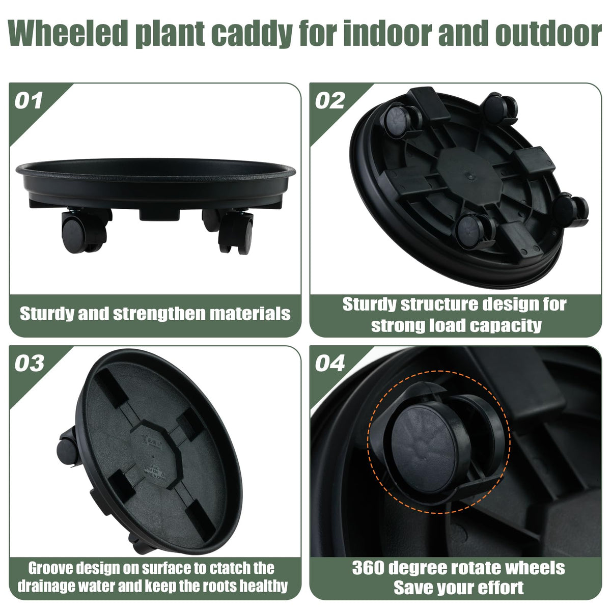 6 Packs 11.8 Inches Large Plant Caddy with Wheels Plant Saucers on Wheels Rolling Plant Stands Heavy-duty Plant Dolly Plastic Planter Roller Base Pot Movers Outdoor Plant Tray Coaster, Black
