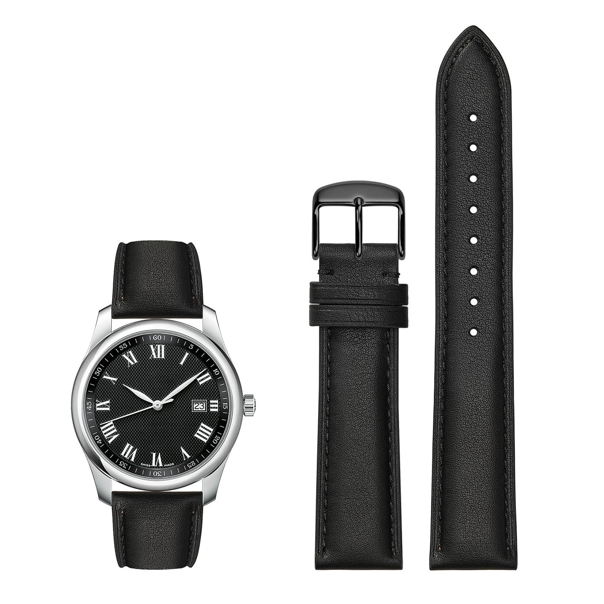 Afany Leather Watch Band 18mm for Men and Women, Quick Release Watch Strap, Black Replacement Watchband