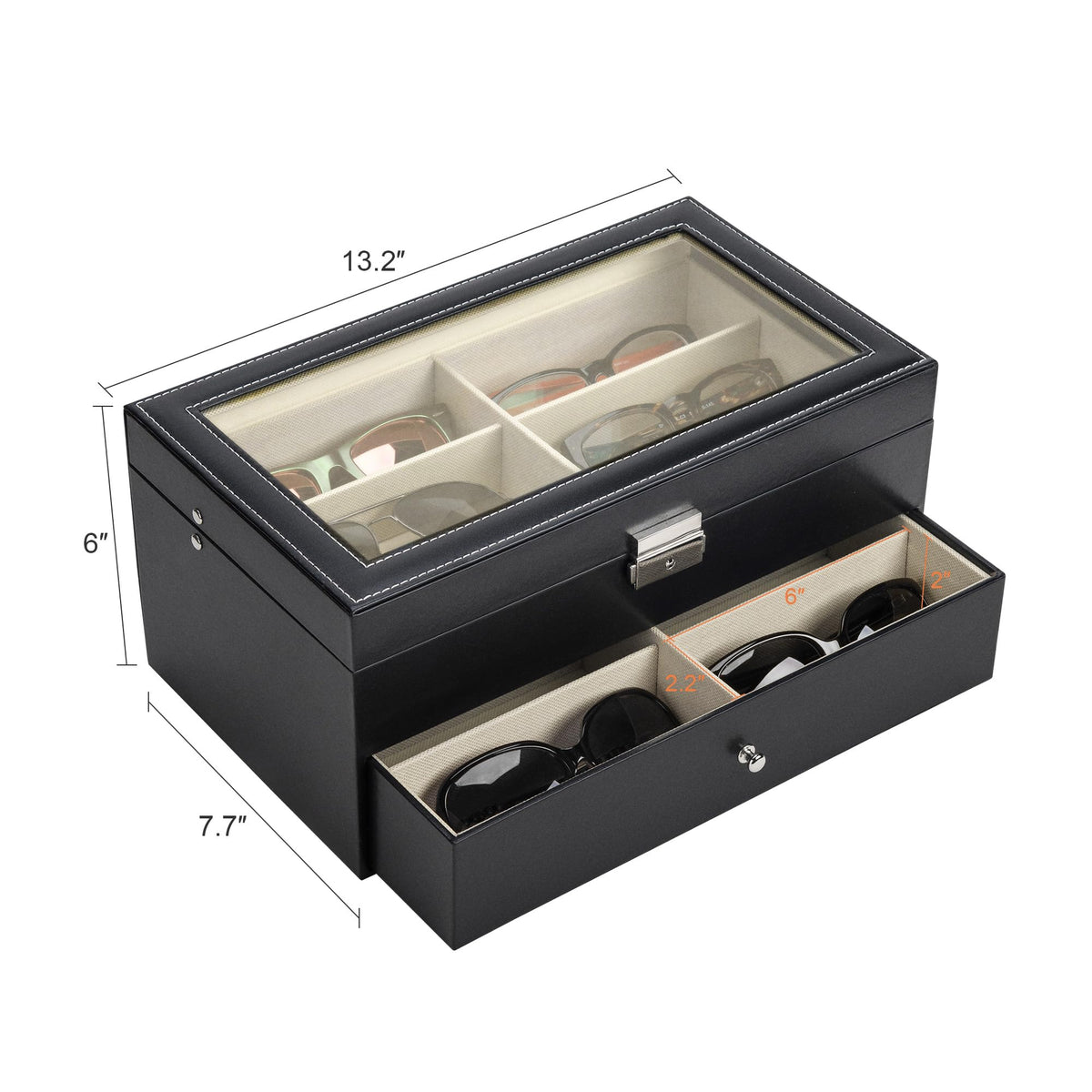 CO-Z Sunglasses Organizer with 12 Slots, Multiple Eyeglasses Eyewear Display Case for Women Men, 2 Story Leather Multi Sunglasses Jewelry Collection Holder with Drawer
