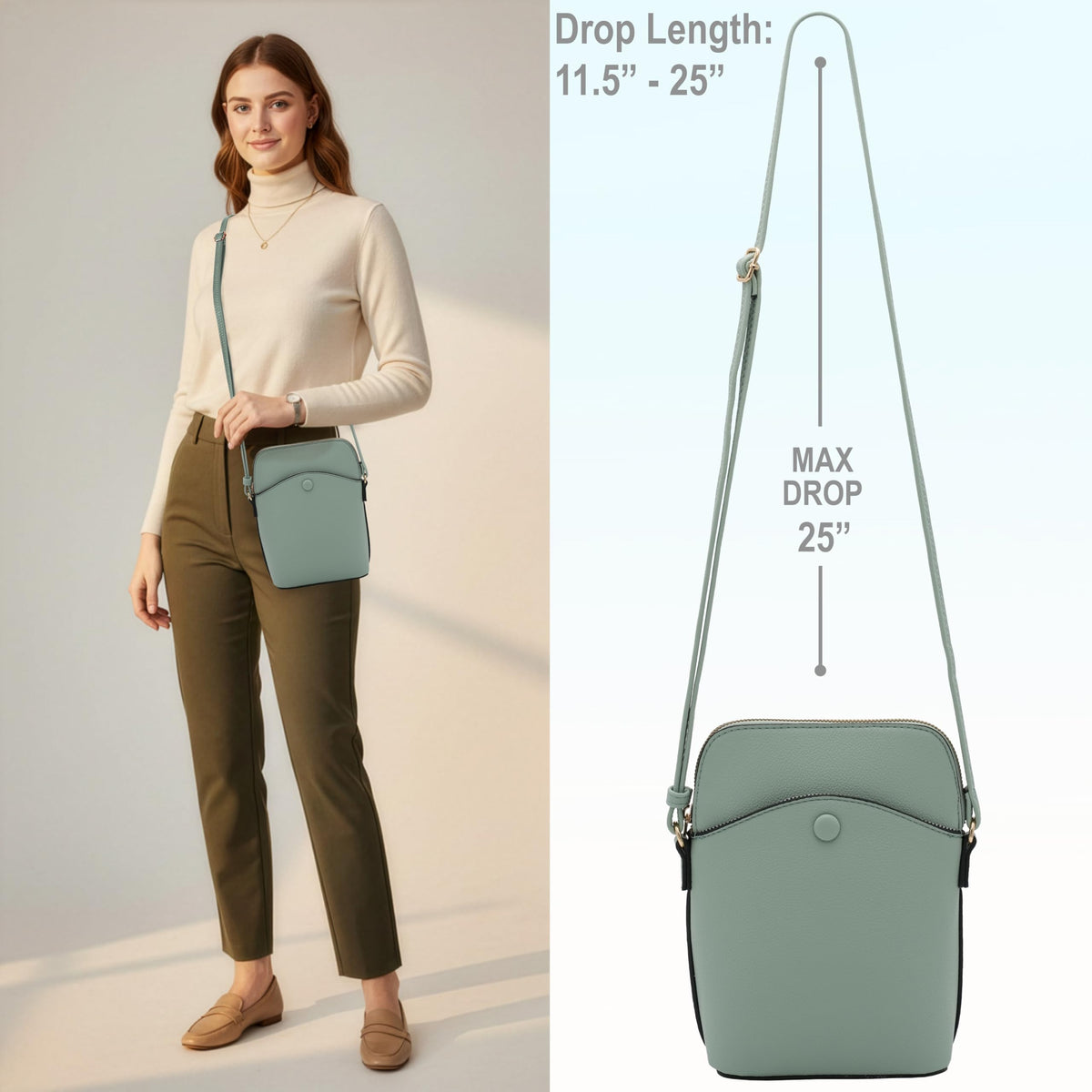 Solene Small Crossbody Bag with Gold Hardware, Mini Shoulder Purse with Adjustable Strap LC150A (Mint)