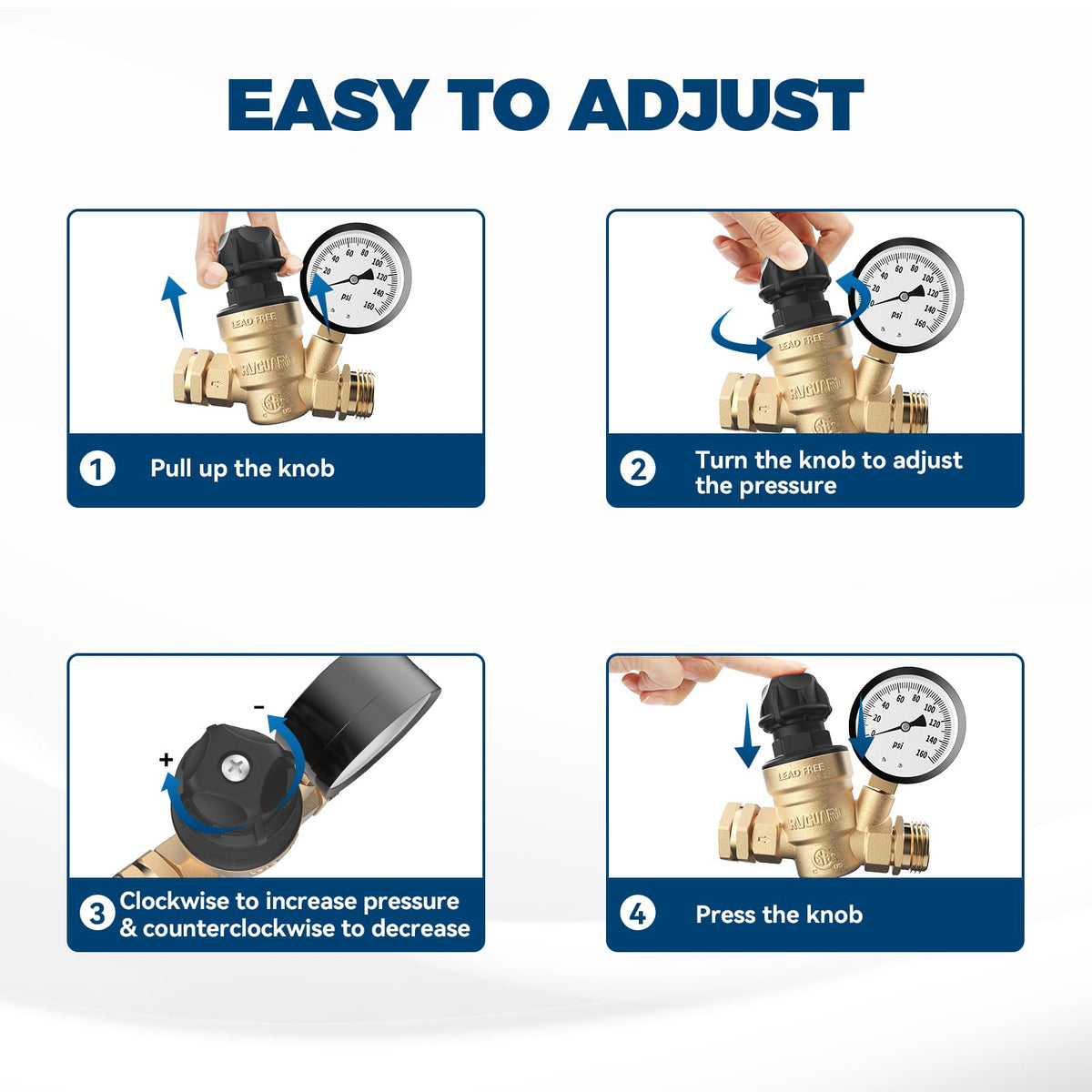 RVGUARD RV Water Pressure Regulator Valve With An Adjustable Knob, Tool-Free, CSA Approved, Lead-Free Brass Water Pressure Reducer with Gauge and Inlet Screen Filter for RV Camper Travel Trailer