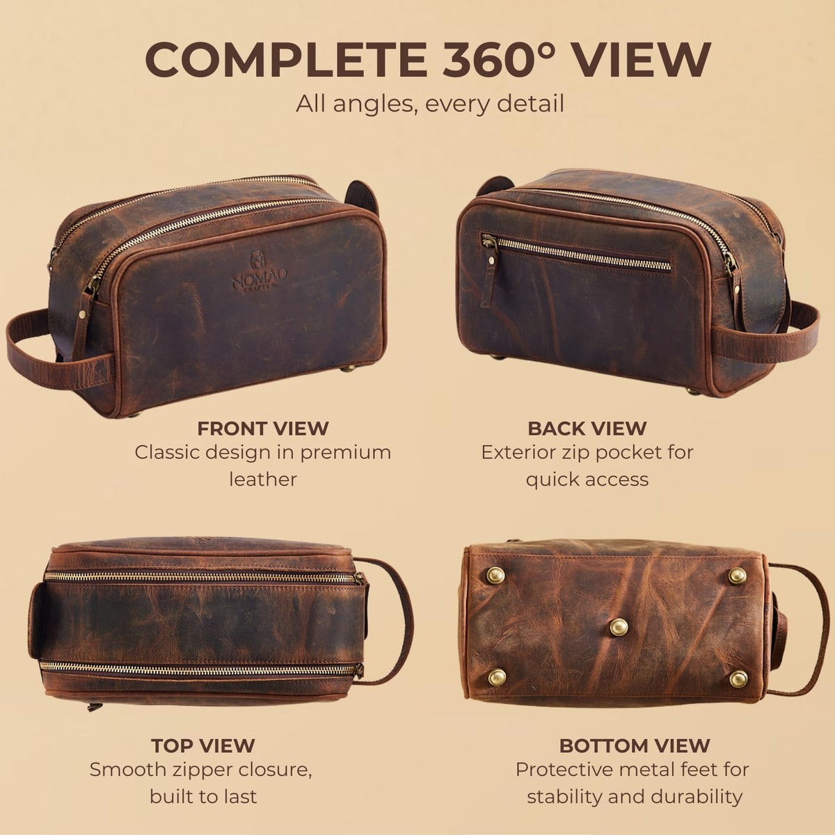 King Size Premium Leather Travel Toiletry Bag for Men and Women - Water-Resistant Dopp Kit - Mens Bathroom Bag, Shaving & Cosmetic Organizer - Toiletry Bag, Travel Bag Leather, Unisex Use