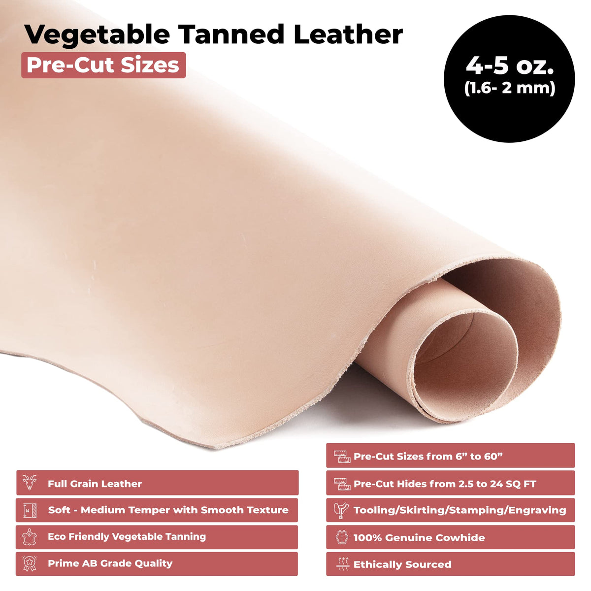 ELW Full Grain Cowhide Leather 4-5 oz [1.6-2mm] Thickness in Pre-Cut Size: 2.5-4 SQ FT, AB Grade Hide Vegetable Tanned Leather Using for Tooling, Carving, Molding, Dyeing Material for Craft, Hobby