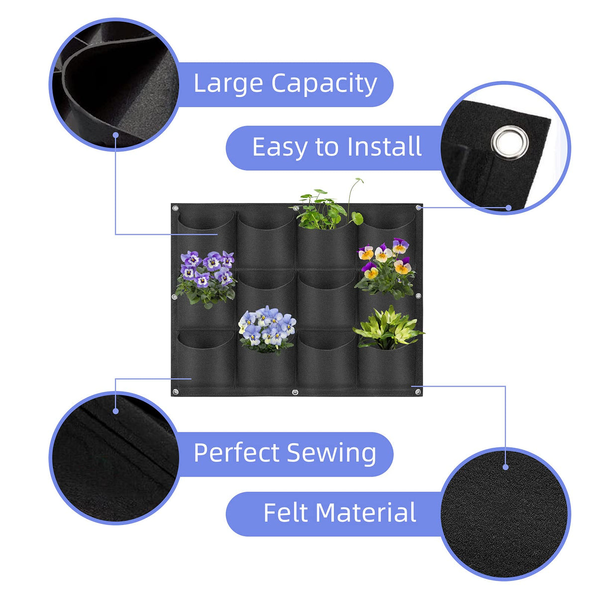 12 Pockets Hanging Planter Bags, Hanging Vertical Wall Mounted Plant Planting Grow Bags, Herb Garden Planter Outdoor Indoor Growing Bag, Gardening Vertical Greening Flower Container(0.6m×0.8m, Black)