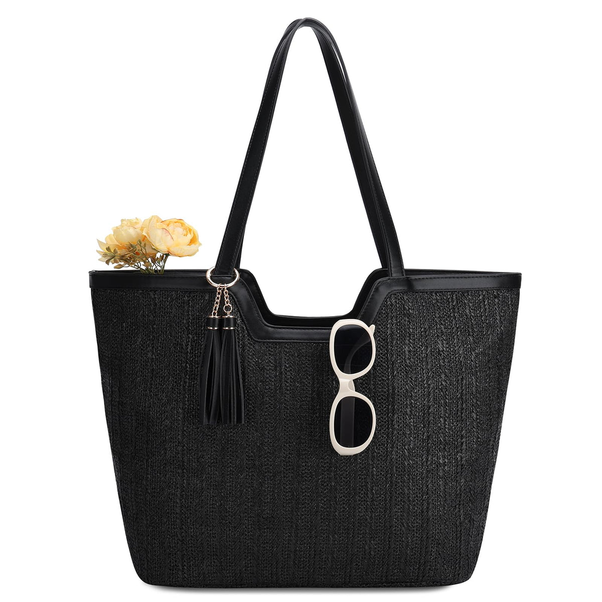 VASCHY Straw Beach Tote Bag for Women, Cute Trendy Woven Crochet Raffia Summer Shoulder Handbags Purses for Travel Vacation Black