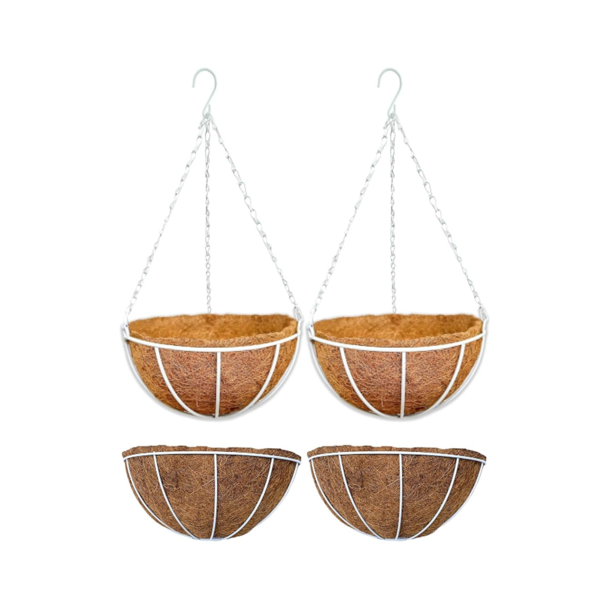LaLaGreen Bundle (2 Pack, 10 Inch + 2 Pack, 12 Inch) Small Hanging Flower Pots with Coco Liner, White Metal Wire Round Plant Holder with Hook Chain, Wall Mounted Basket Fence Railing Deck Porch Patio