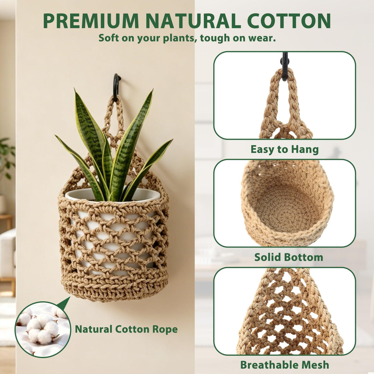 DOODLEBEAN 4 PCS 5-Inch Macrame Wall Plant Hangers, Small Wall Hanging Plant Holder with Hooks, Natural Cotton Rope Hanger for Indoor Plants & Daily Storage, Boho Home Decor