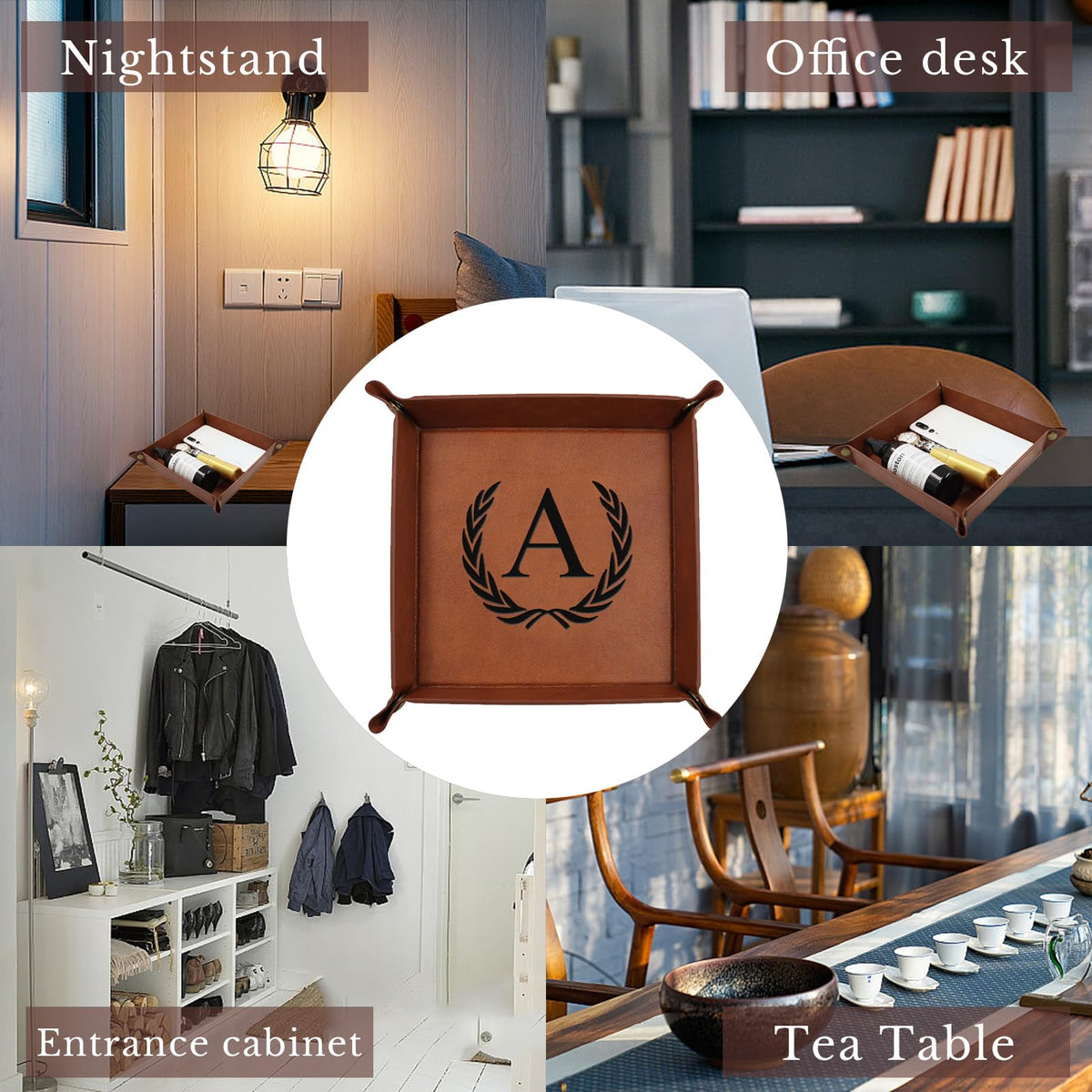 Personalized Leather Valet Tray Engraved Initials Key Tray Nightstand Organizer Valentines Day Birthday for Men Dad Husband Boyfriend (M)