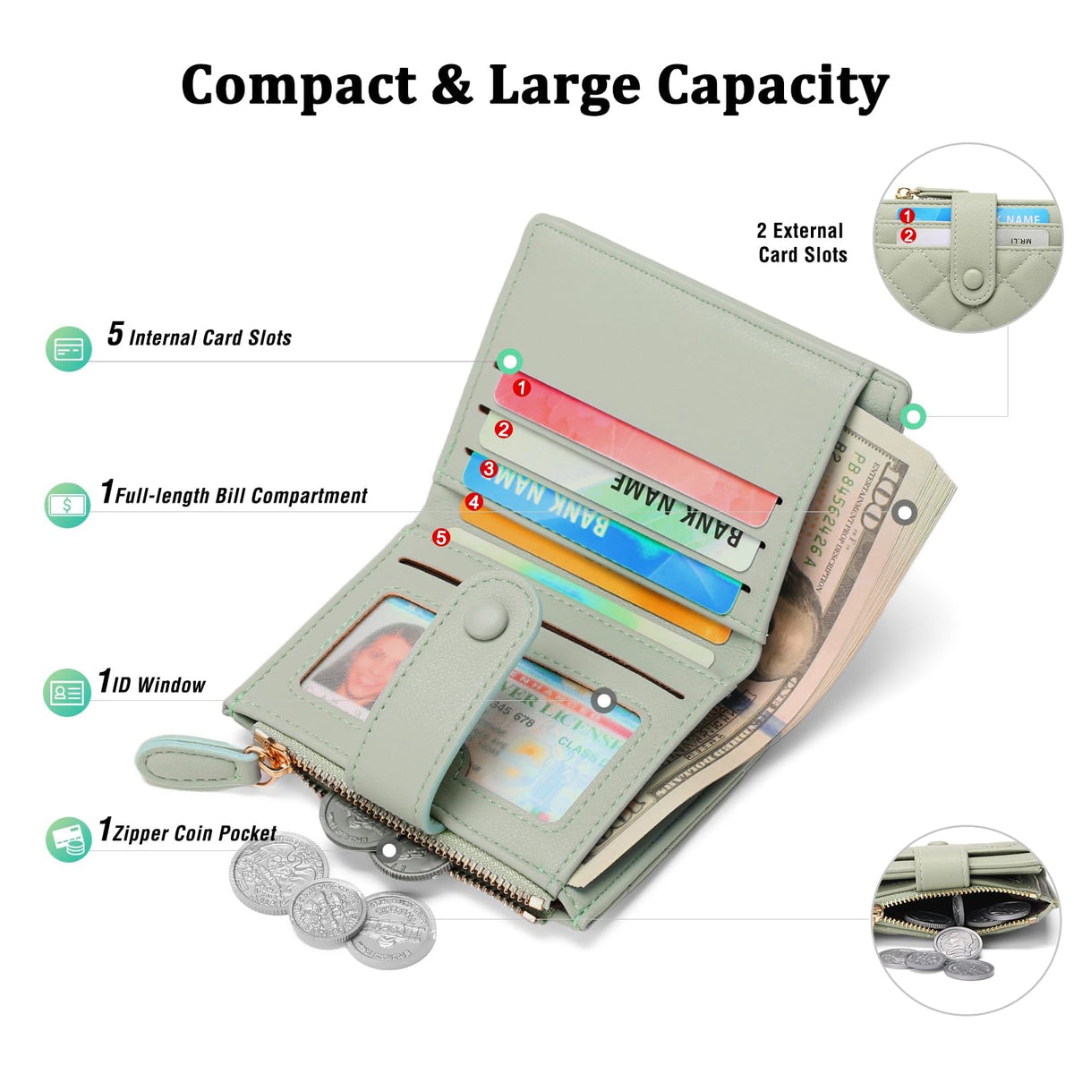 GAEKEAO Small Wallet for Women Slim Bifold Leather RFID Blocking Credit Card Holder Wallets Zipper Pocket Coin Purse with ID Window
