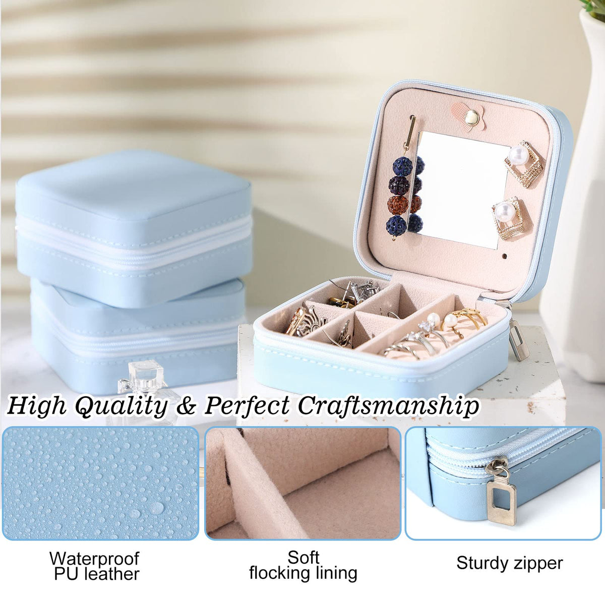 Hillban Bridesmaid Gifts Jewelry Box with Mirror, PU Leather Small Travel Jewelry Case Organizer Storage for Women Girls(Blue,12 Pcs)