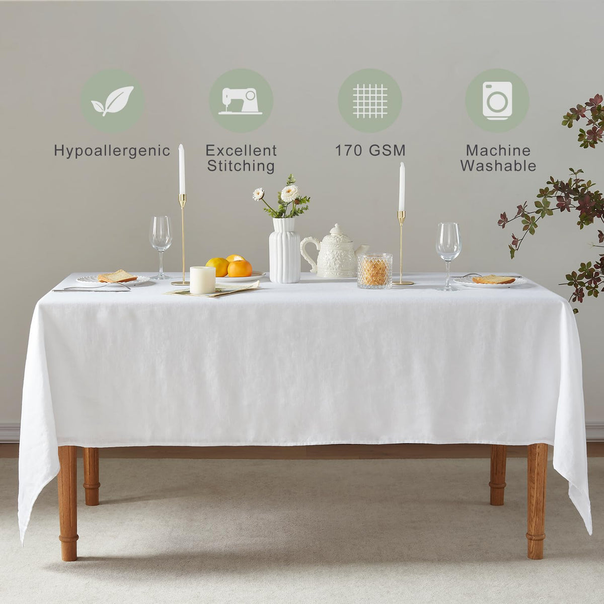 TOSMO 100% French Linen Tablecloth, Washable Farmhouse Rectangle Table Cloth for Kitchen, Dining, Party, Cocktail, Indoor and Outdoor Daily Use(52''x70'',White)