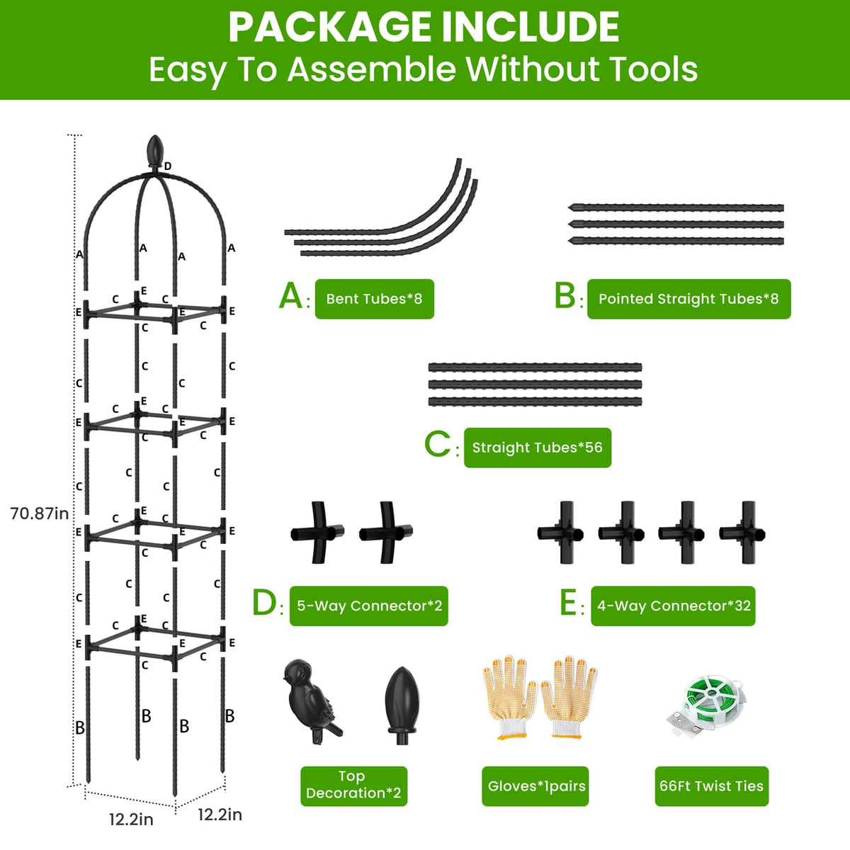 2 Pack Garden Obelisk Trellis for Climbing Plants, 71" Rustproof Metal Tower Plant Support Cages, Rose Trellis for Tomato Potted Flowers Vegetables Vines, Indoor Outdoor Garden Patio