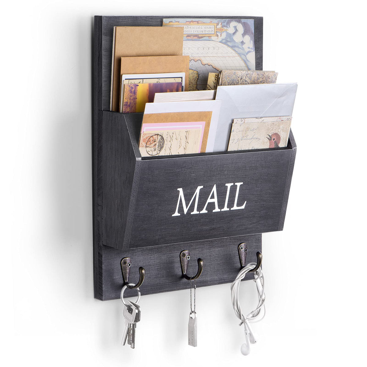 DLQuarts Mail Organizer with Key Holder for Wall, Mail Sorter Wall Mounted, Decorative Wooden Key and Mail Holder with 3 Hooks, Black