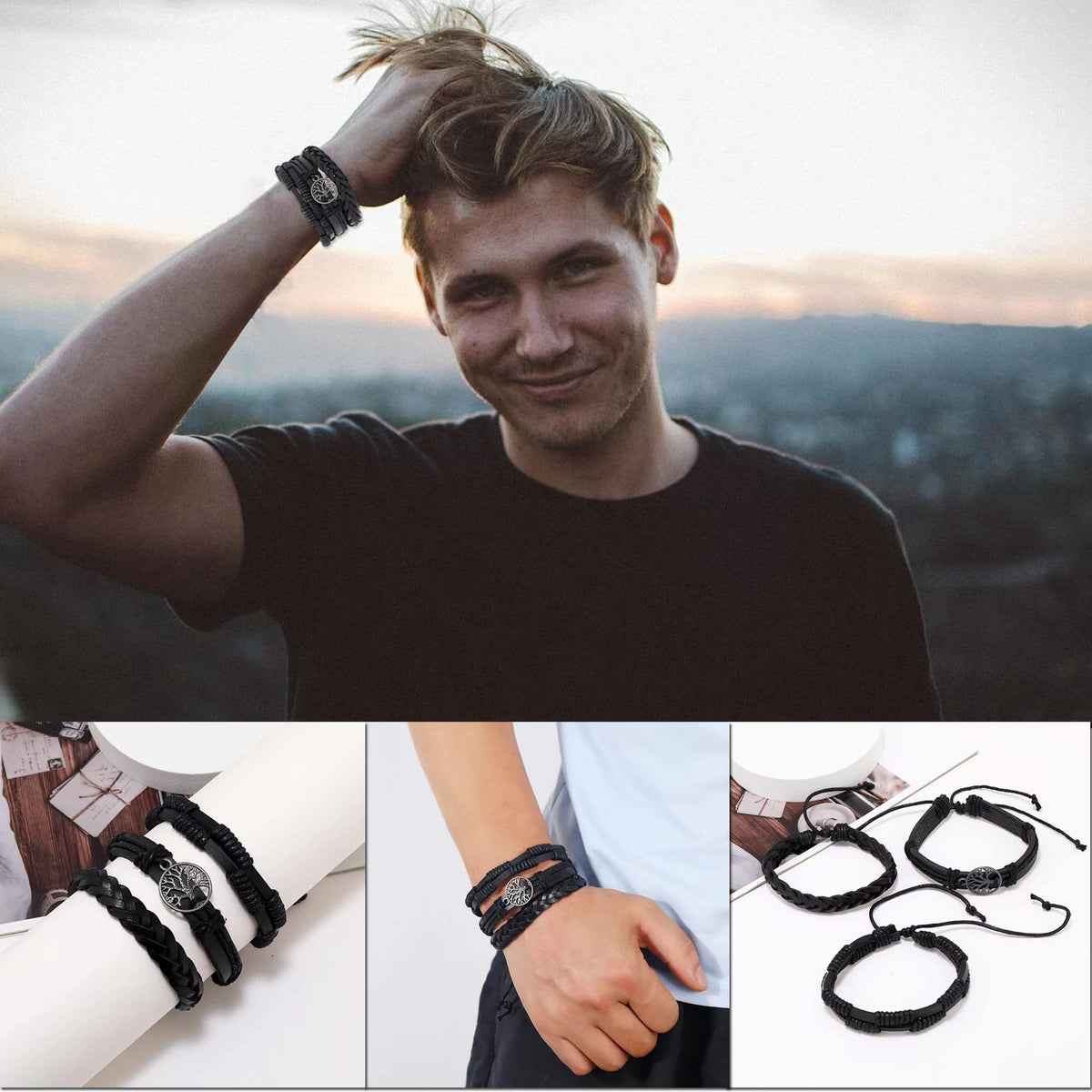 MOZAKA 36Pcs Braided Leather Bracelets for Men Women Handmade Wrap Woven Cuff Bracelets Wooden Beaded Bracelets Vintage Ethnic Tribal Wristbands Bracelet Set Adjustable