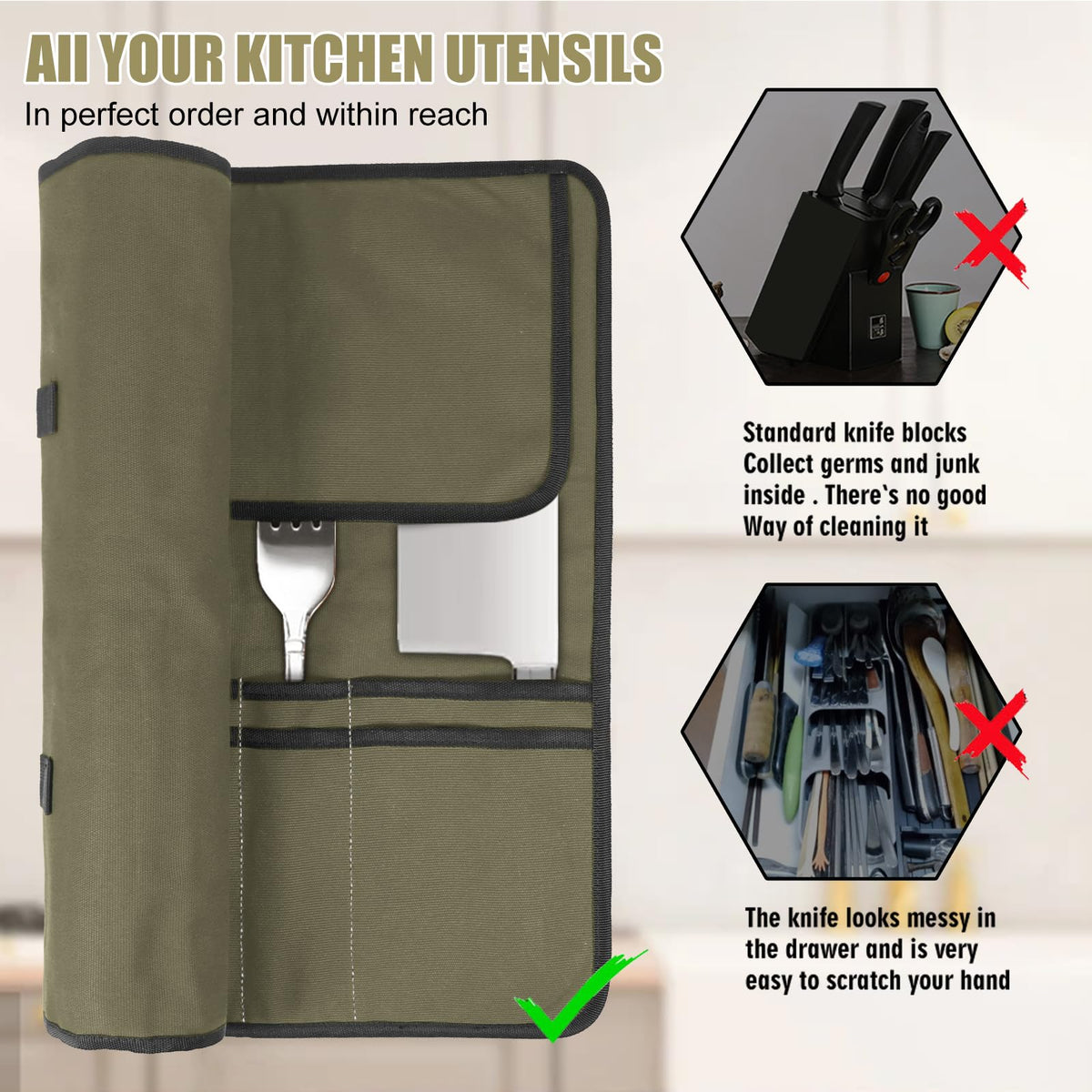 QIQU Army Green Chef Knife Bag With 20 Slots Cutlery Knives Holders Protectors, Home Kitchen Travel Cooking Tools, Portable Canvas Knife Roll Storage Bag Chef Case for Camping or Working