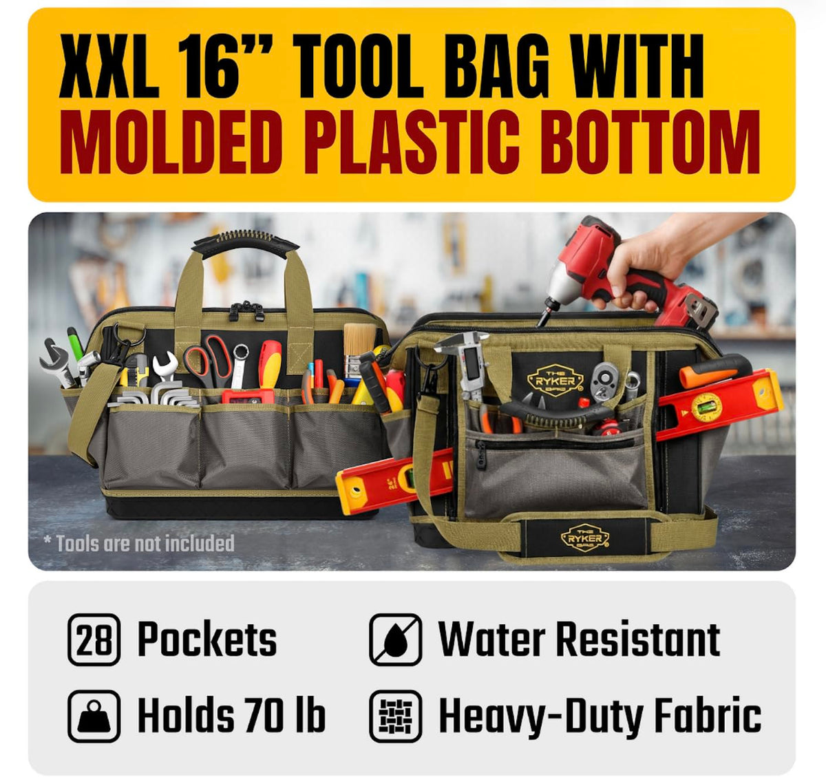 The Ryker Bag 16-inch Large Heavy Duty Wide Mouth Tool-Bag Organizer with Maximum Storage, Portable Utility Bag for Tools, Gift for Dads, Contractors, Mechanics, Technicians, Handyman & Welders
